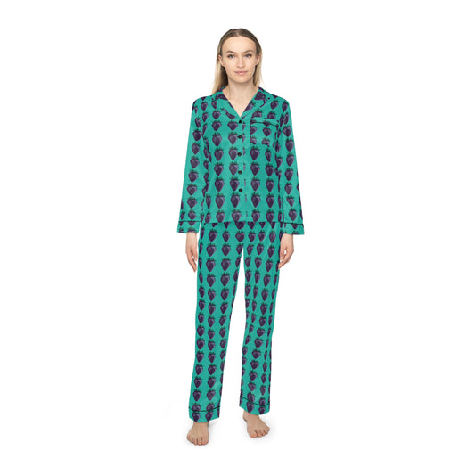 Concord Strawberry© Women's European Silk Boutique Super Luxurious Premium Royal Satin Pajamas In Emerald Jade Jungle Dance Party