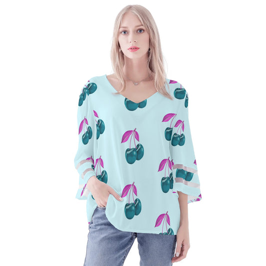 Blue Cherry© Summer Pop Limited Edition Cozy and Stylish Womens Loose Chiffon Blouse with Bell Sleeves