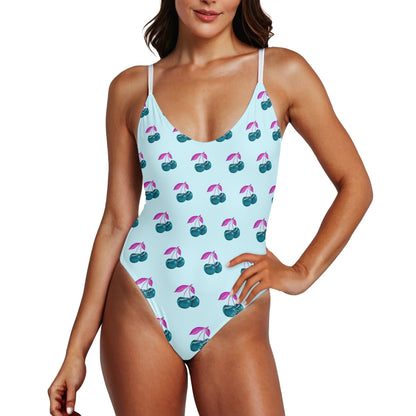 Blue Cherry© Limited Edition Pop Sport Soft Women’s One Piece V-neck Low Back Swimsuit Bathing Suit Bikini