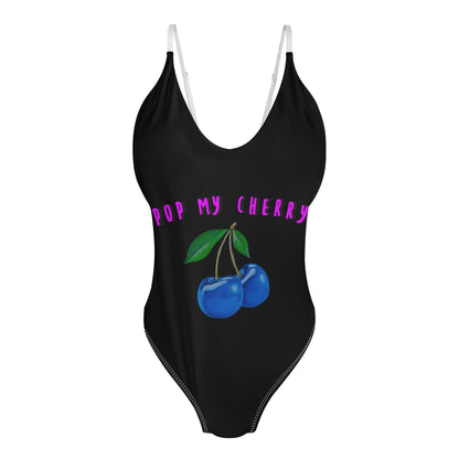 Blue Cherry© BLACK Pop My Cherry Sports Flex Comfort Fit Women’s One Piece V-neck Low Back Swimsuit Bathing Suit Bikini