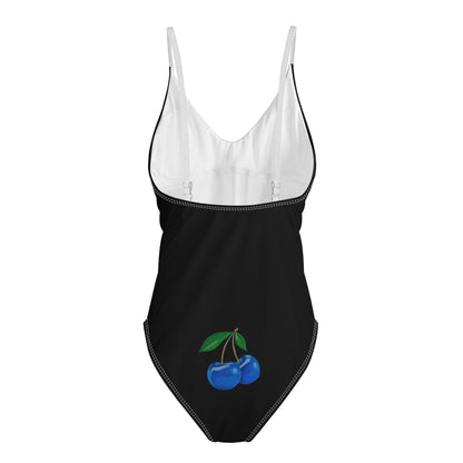 Blue Cherry© BLACK Pop My Cherry Sports Flex Comfort Fit Women’s One Piece V-neck Low Back Swimsuit Bathing Suit Bikini