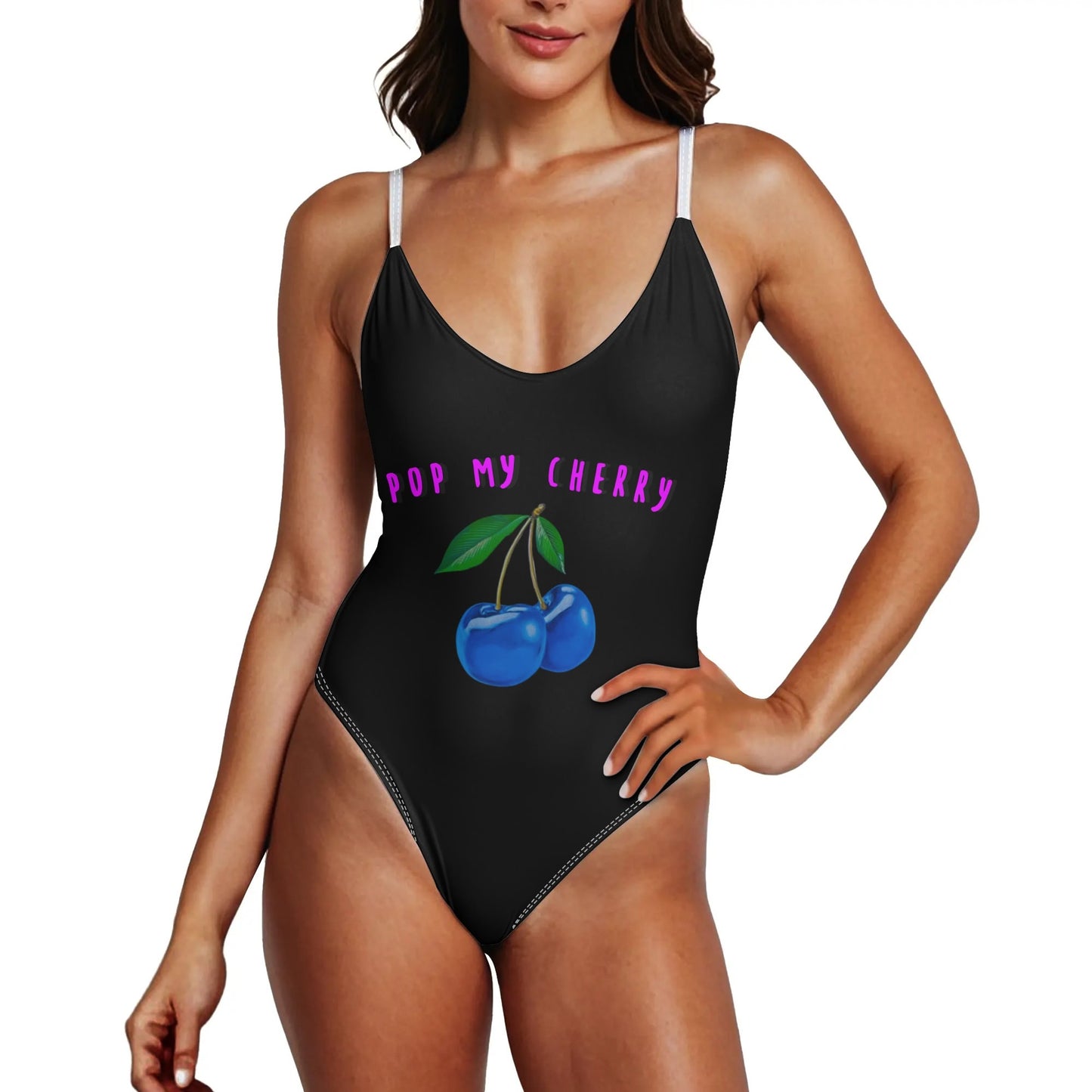 Blue Cherry© BLACK Pop My Cherry Sports Flex Comfort Fit Women’s One Piece V-neck Low Back Swimsuit Bathing Suit Bikini