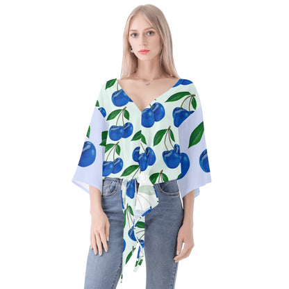 Blue Cherry© Limited Edition Pop Chic Women‘s’ V-neck Tie Front Knot Chiffon Blouse