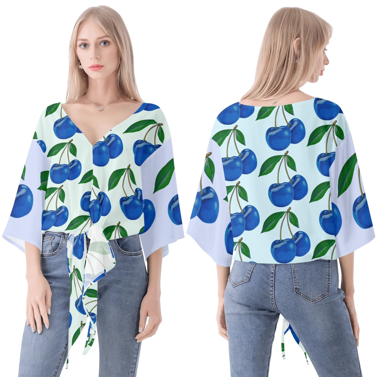 Blue Cherry© Limited Edition Pop Chic Women‘s’ V-neck Tie Front Knot Chiffon Blouse