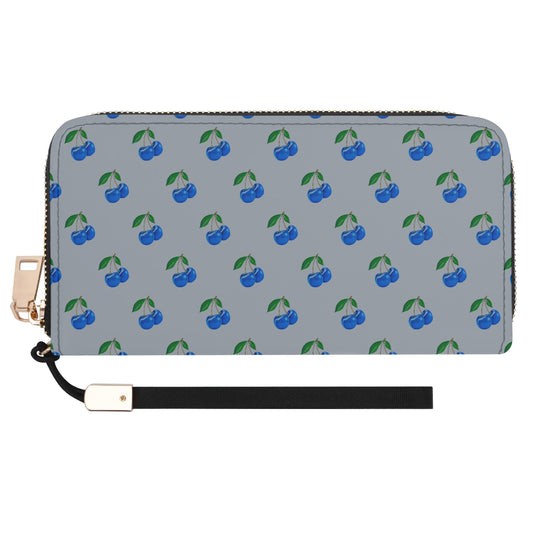 Blue Cherry© Limited Edition London Brisk Morning Grey Blue Leather Zipper Wristlet Wallet