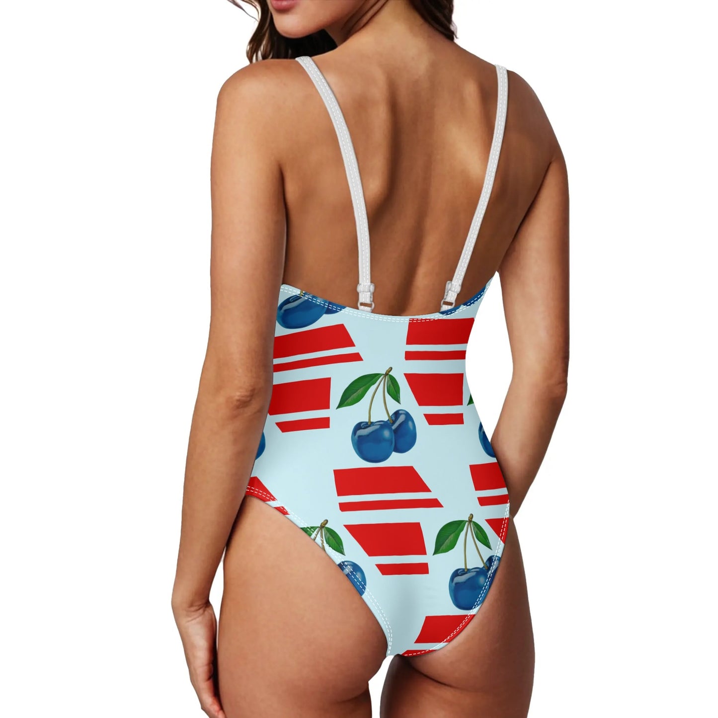 Blue Cherry© International Women’s Comfort Fit One Piece V-neck Low Back Swimsuit Bathing Suit Bikini and Plus Size