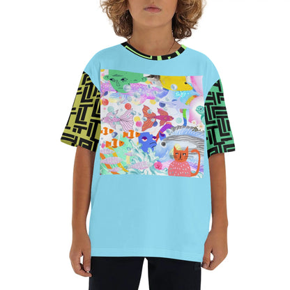 Luxturnal Multi Block Ocean Dream© Kids Loose Fit Short Sleeve T-Shirt Pull on Tees