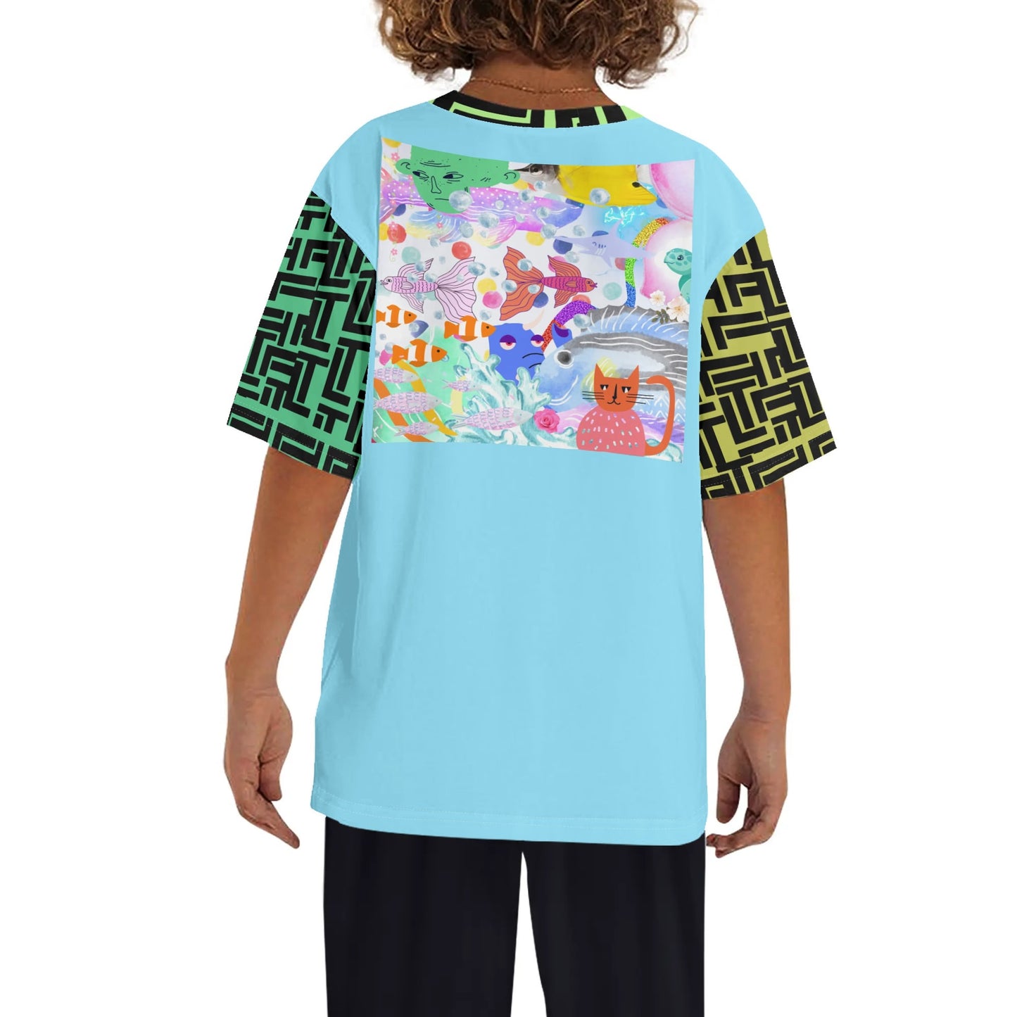 Luxturnal Multi Block Ocean Dream© Kids Loose Fit Short Sleeve T-Shirt Pull on Tees