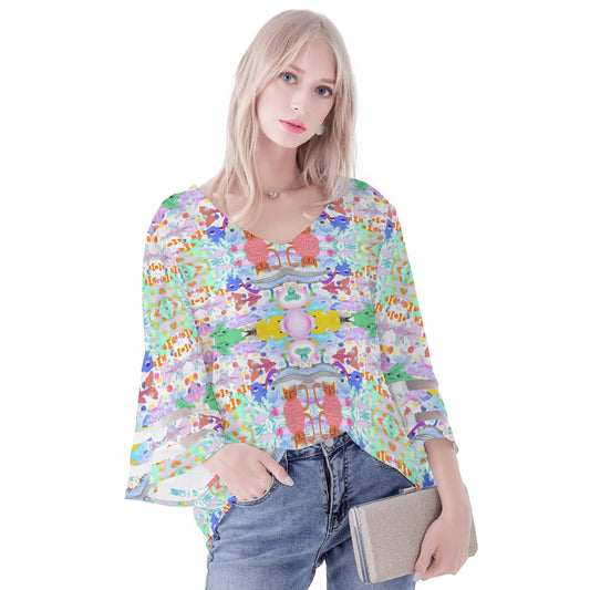 Ocean Dream© Colorful Womens Loose Chiffon Blouse with Bell Sleeves