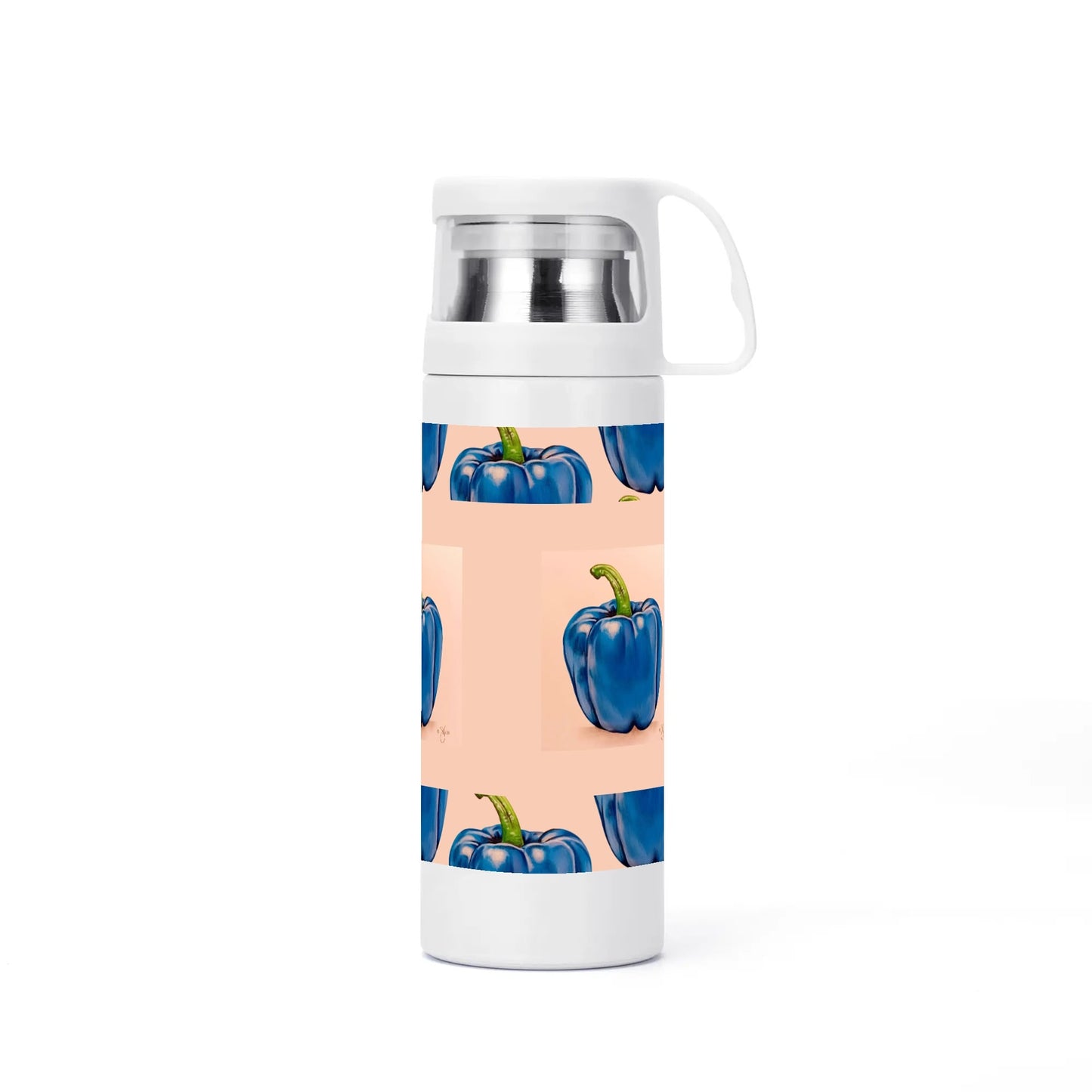 Pepper Blue© Sublimation Vacuum Bottle with Cup In Cream