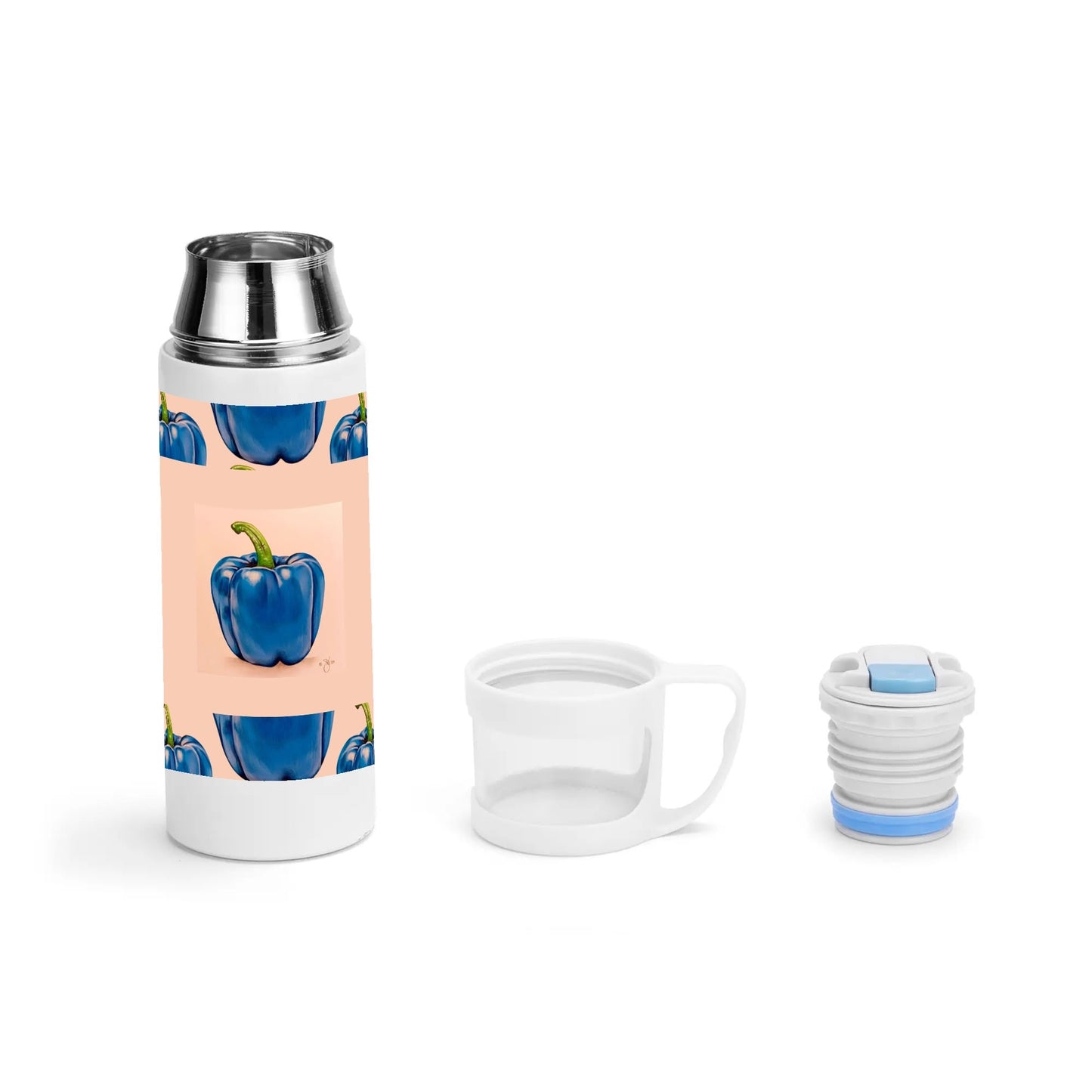 Pepper Blue© Sublimation Vacuum Bottle with Cup In Cream