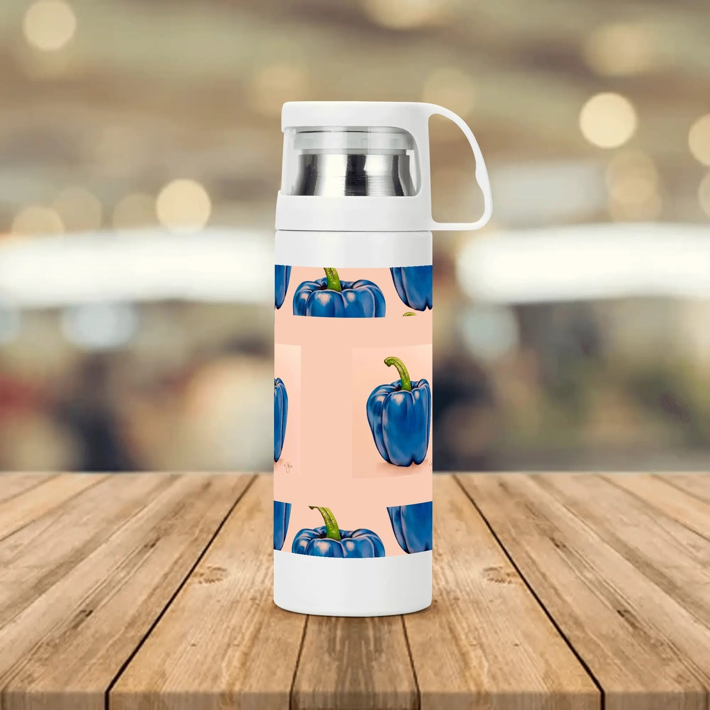 Pepper Blue© Sublimation Vacuum Bottle with Cup In Cream