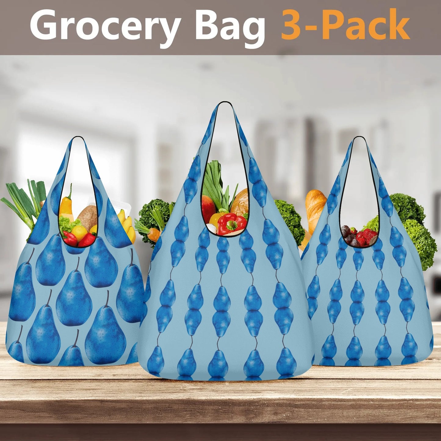 Pear Blue© Ultra Soft Heavy Duty Easy Clean 3 Pack of Grocery Bags