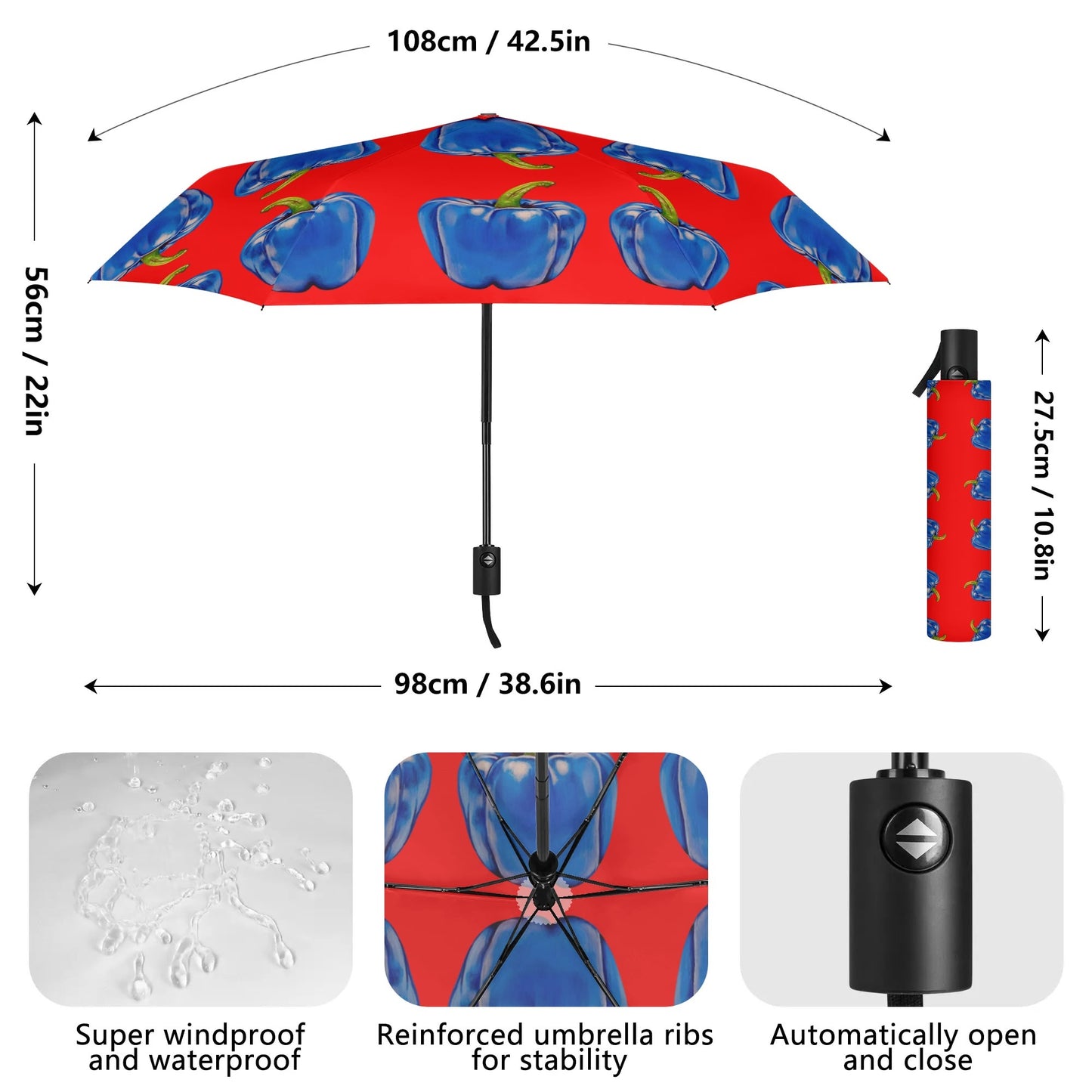 Pepper Blue© Lightweight Auto Open & Close Umbrella