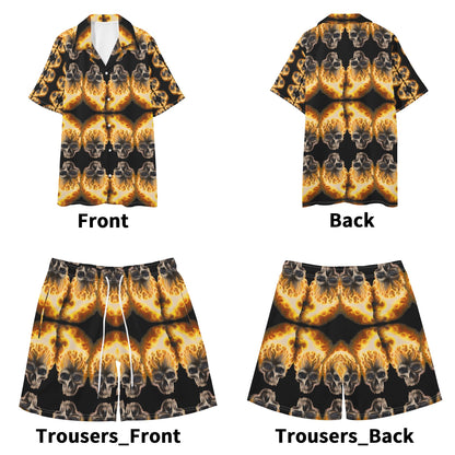 Skull Candy© Blazing Fire Sugar And Spice Halloween Casual Regular Fit Hawaiian Short Sleeve Shirt and Shorts Set