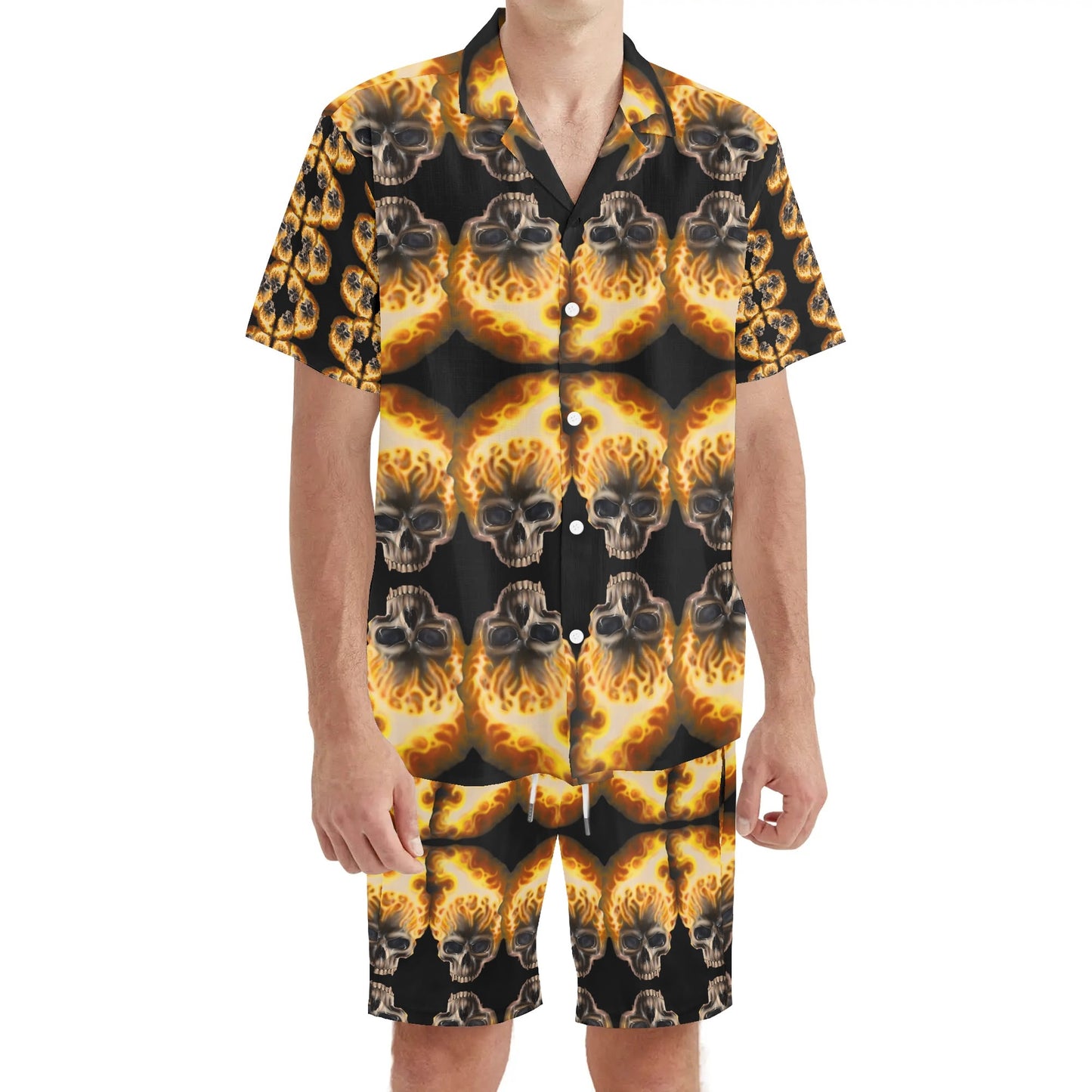 Skull Candy© Blazing Fire Sugar And Spice Halloween Casual Regular Fit Hawaiian Short Sleeve Shirt and Shorts Set