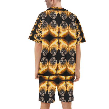 Skull Candy© Blazing Fire Sugar And Spice Halloween Casual Regular Fit Hawaiian Short Sleeve Shirt and Shorts Set