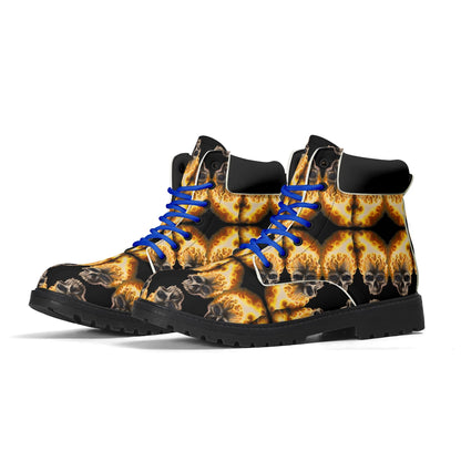 Skull Candy© Blazing Fire Sugar And Spice Halloween Upgraded Black Outsole Leather All Season Boots Super Heavy Duty in Blue Lace