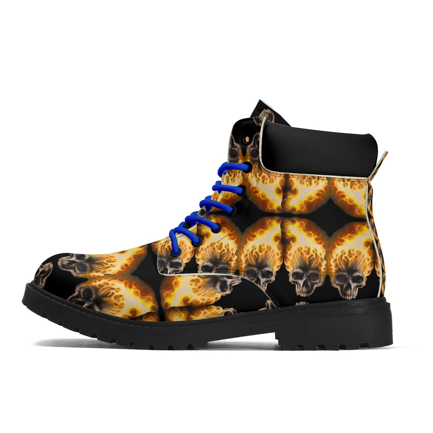 Skull Candy© Blazing Fire Sugar And Spice Halloween Upgraded Black Outsole Leather All Season Boots Super Heavy Duty in Blue Lace