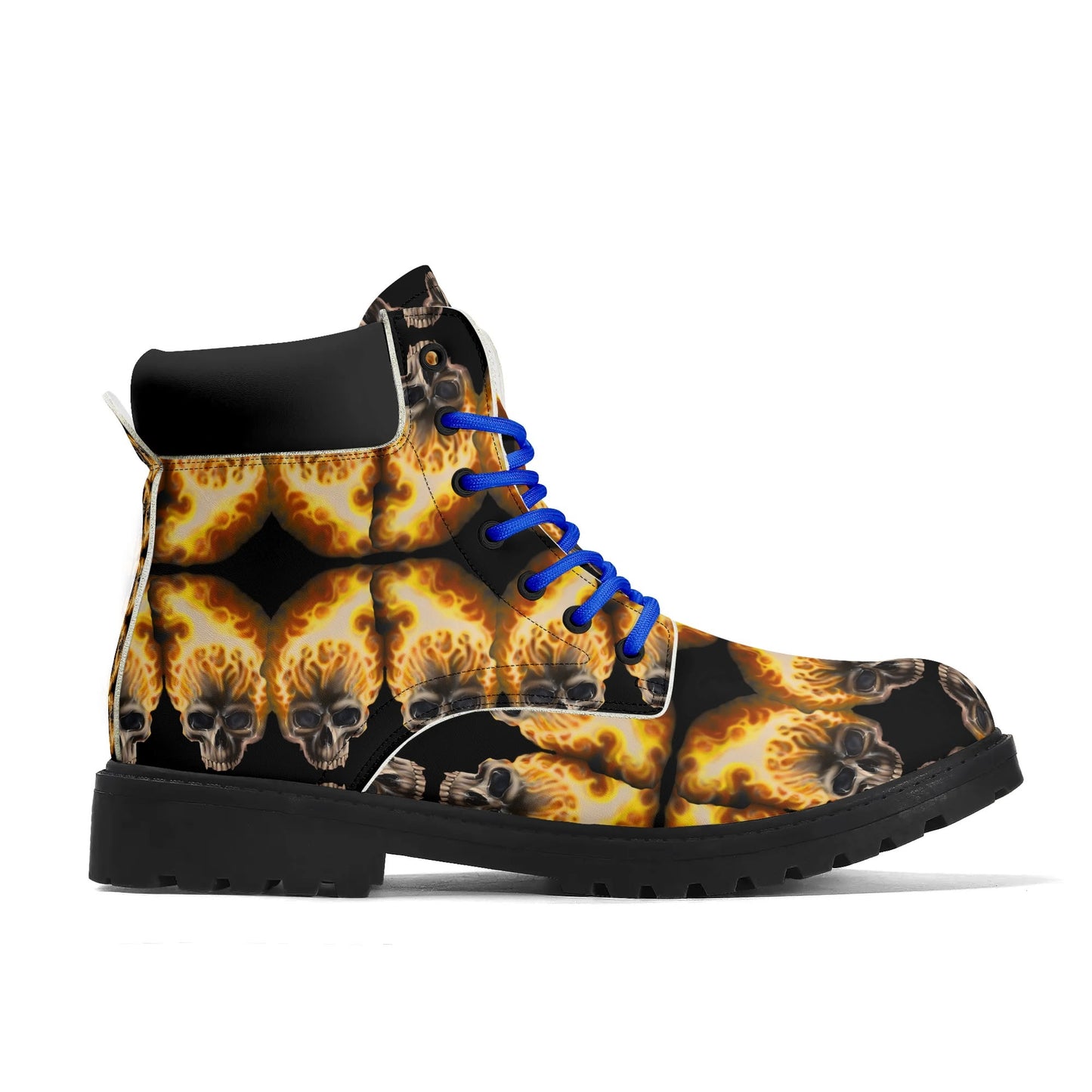 Skull Candy© Blazing Fire Sugar And Spice Halloween Upgraded Black Outsole Leather All Season Boots Super Heavy Duty in Blue Lace