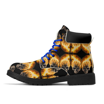 Skull Candy© Blazing Fire Sugar And Spice Halloween Upgraded Black Outsole Leather All Season Boots Super Heavy Duty in Blue Lace