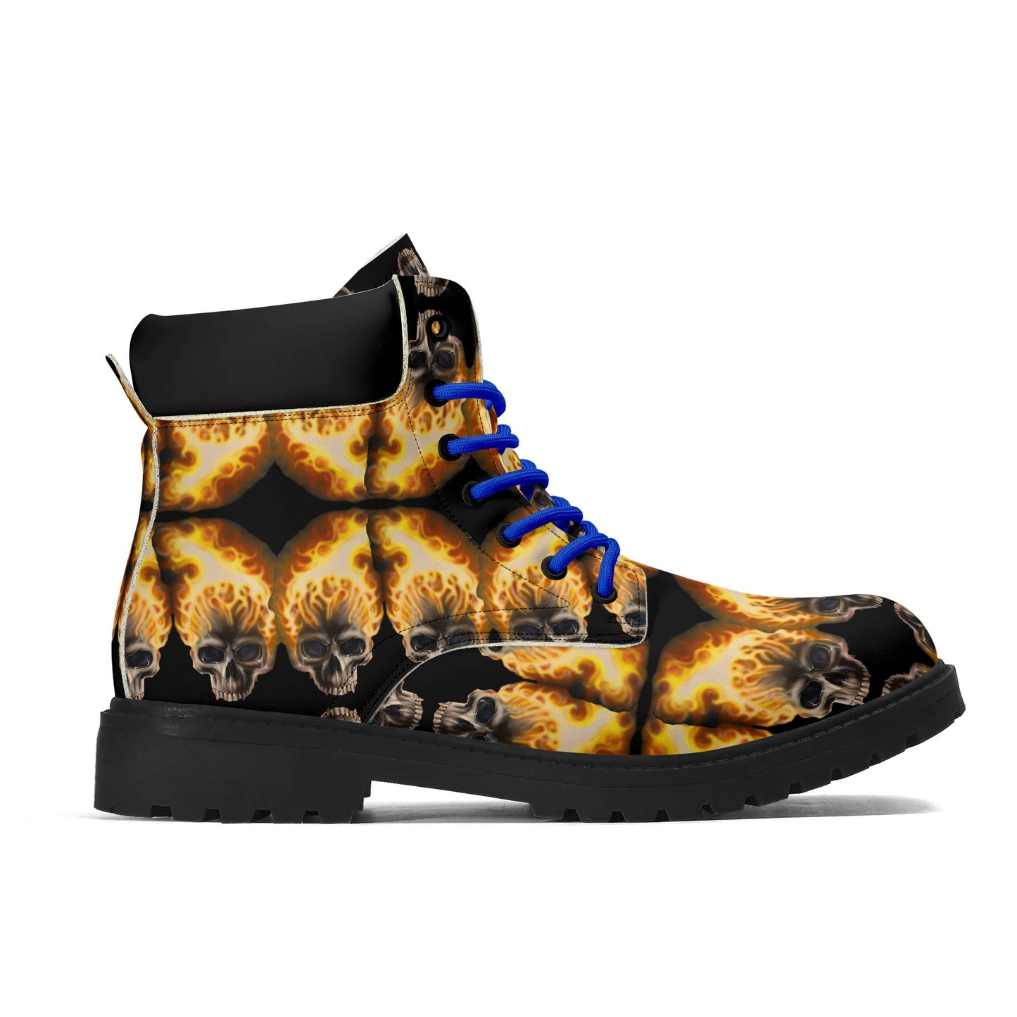 Skull Candy© Blazing Fire Sugar And Spice Halloween Upgraded Black Outsole Leather All Season Boots Super Heavy Duty in Blue Lace