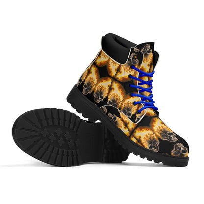 Skull Candy© Blazing Fire Sugar And Spice Halloween Upgraded Black Outsole Leather All Season Boots Super Heavy Duty in Blue Lace