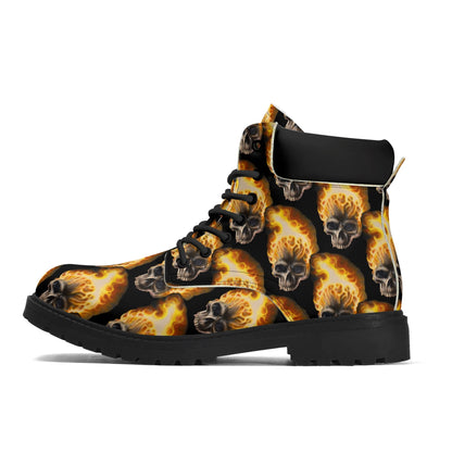 Skull Candy© Blazing Fire Sugar And Spice Halloween Upgraded Black Outsole Leather All Season Boots Super Heavy Duty In Dark