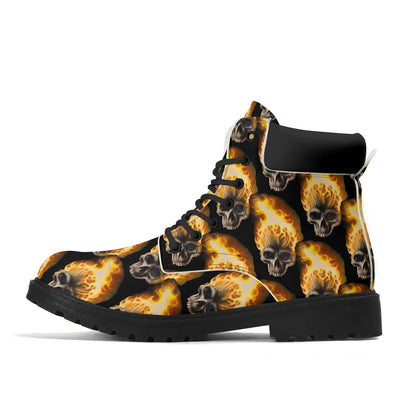 Skull Candy© Blazing Fire Sugar And Spice Halloween Upgraded Black Outsole Leather All Season Boots Super Heavy Duty In Dark