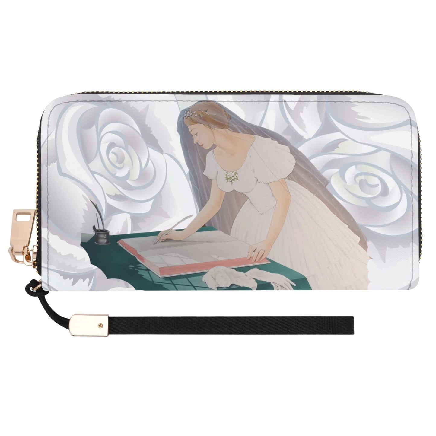 Future Mrs.© Lux Soft Leather Zipper Wristlet Wallet In White Silk Rose