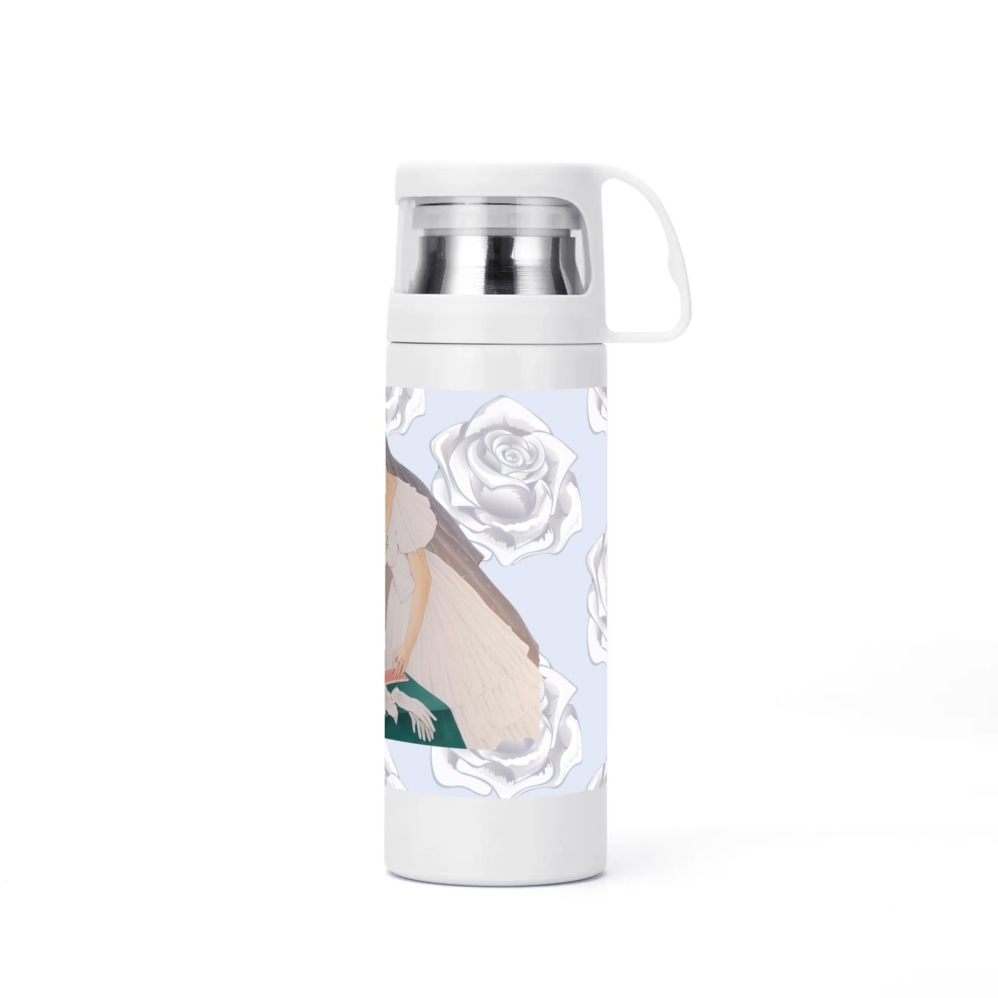 Future Mrs.© Sublimation Vacuum Bottle with Cup With White English Roses And Bridal Motif