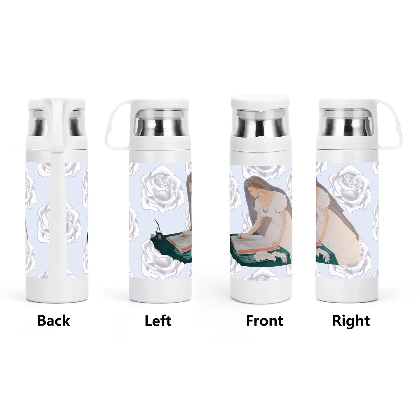 Future Mrs.© Sublimation Vacuum Bottle with Cup With White English Roses And Bridal Motif