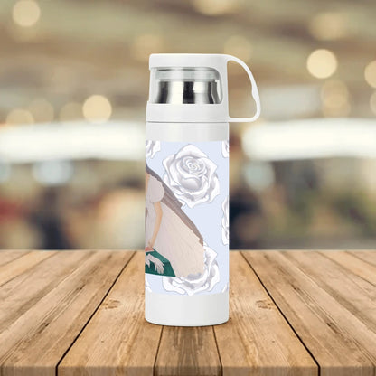 Future Mrs.© Sublimation Vacuum Bottle with Cup With White English Roses And Bridal Motif