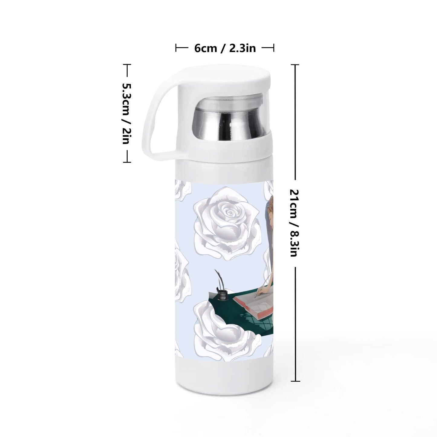 Future Mrs.© Sublimation Vacuum Bottle with Cup With White English Roses And Bridal Motif