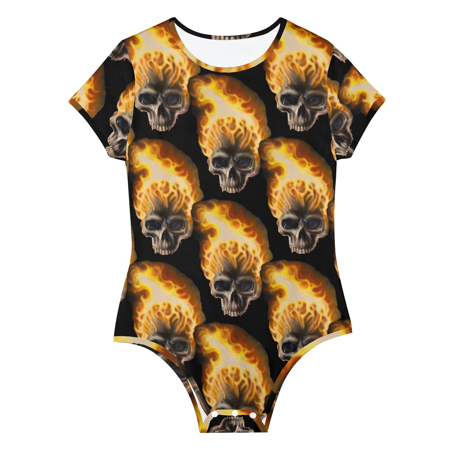 Skull Candy© Crew Neck Short Sleeve Slim Fit Solid Hold Sports Flex Comfort All Day/Evening Bodysuit In Burning Skull