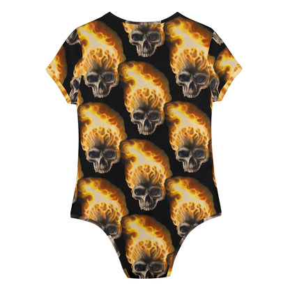 Skull Candy© Crew Neck Short Sleeve Slim Fit Solid Hold Sports Flex Comfort All Day/Evening Bodysuit In Burning Skull