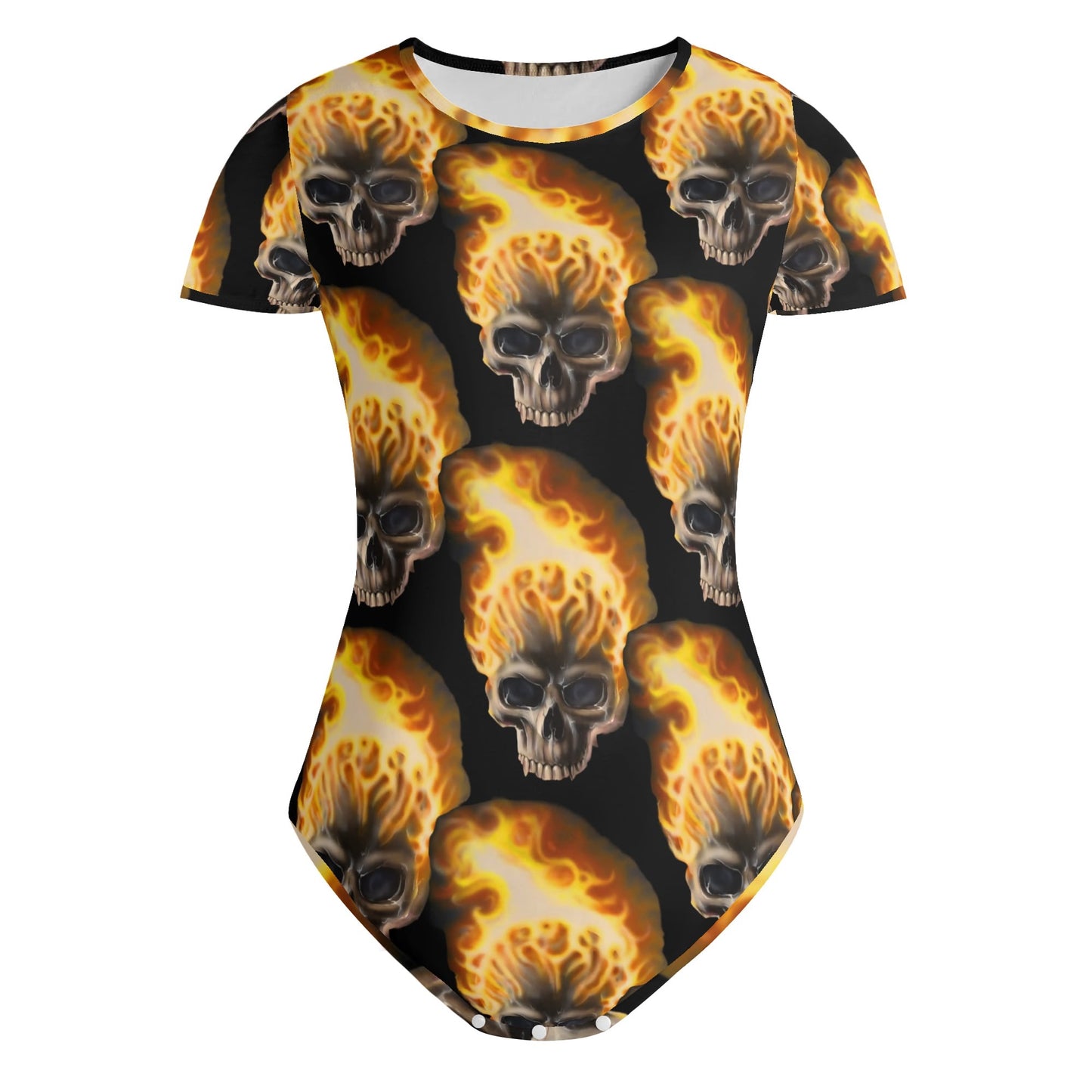 Skull Candy© Crew Neck Short Sleeve Slim Fit Solid Hold Sports Flex Comfort All Day/Evening Bodysuit In Burning Skull