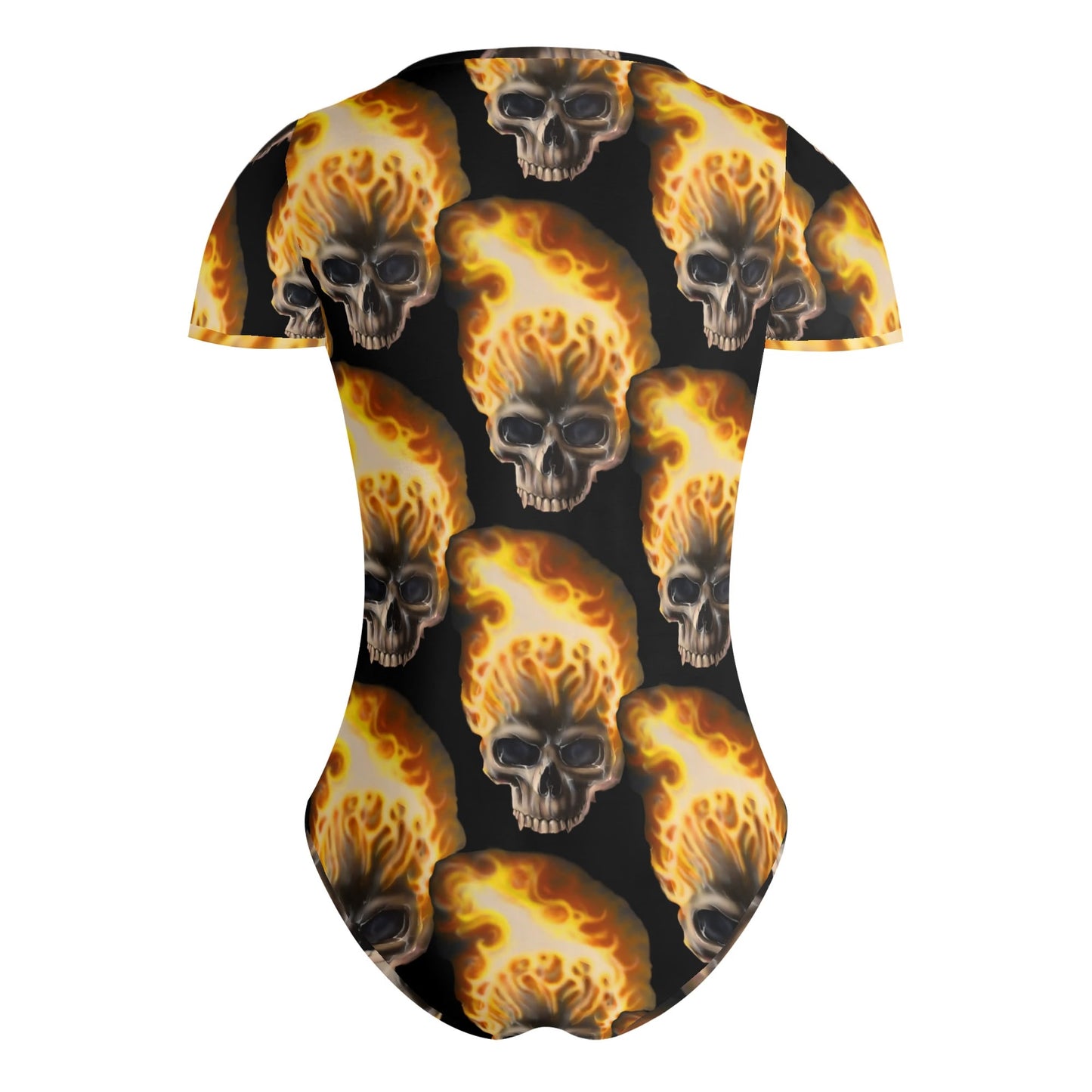 Skull Candy© Crew Neck Short Sleeve Slim Fit Solid Hold Sports Flex Comfort All Day/Evening Bodysuit In Burning Skull