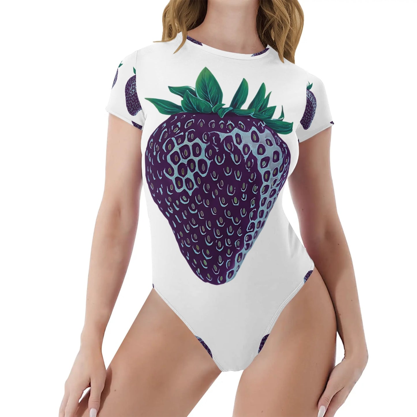 Concord Strawberry© Crew Neck Short Sleeve Slim Fit Solid Hold Sports Flex Comfort All Day/Evening Bodysuit In Whimsical Strawberry