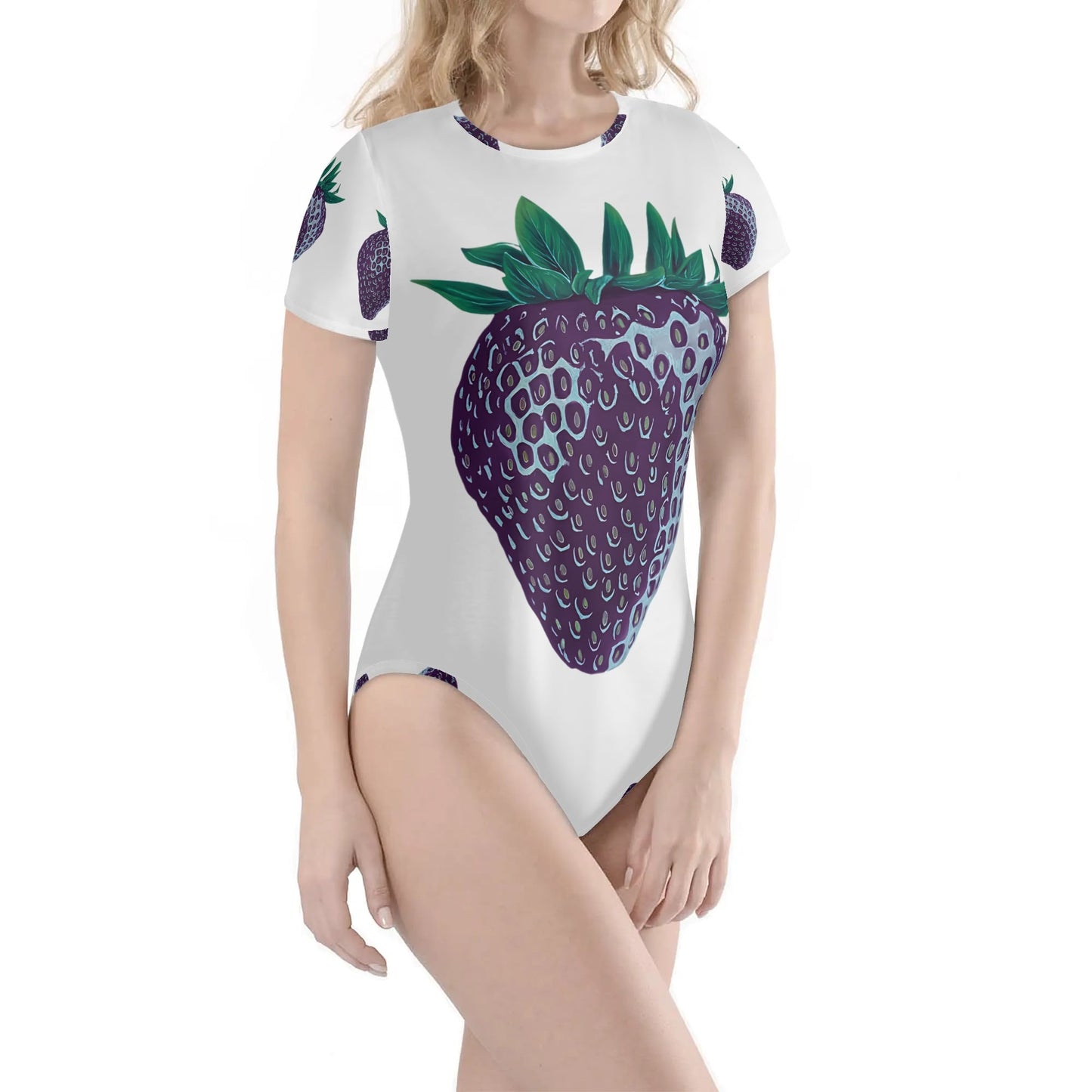 Concord Strawberry© Crew Neck Short Sleeve Slim Fit Solid Hold Sports Flex Comfort All Day/Evening Bodysuit In Whimsical Strawberry