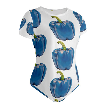 Pepper Blue© Crew Neck Short Sleeve Slim Fit Solid Hold Sports Flex Comfort All Day/Evening Bodysuit In White Breeze