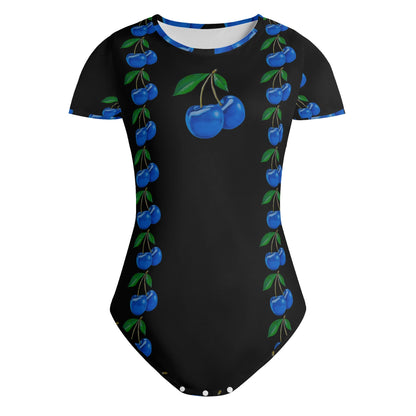 Blue Cherry© Crew Neck Short Sleeve Slim Fit Solid Hold Sports Flex Comfort All Day/Evening Bodysuit In Nighttime Chic