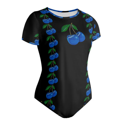 Blue Cherry© Crew Neck Short Sleeve Slim Fit Solid Hold Sports Flex Comfort All Day/Evening Bodysuit In Nighttime Chic