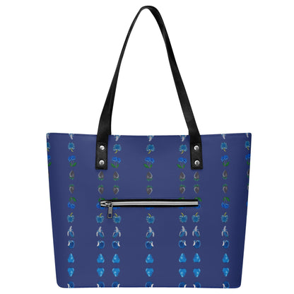 Fruit In Bowl Blue© Euro Soft PU Leather Tote Bag with Front Zipper Pocket In Nice Navy Bouquet