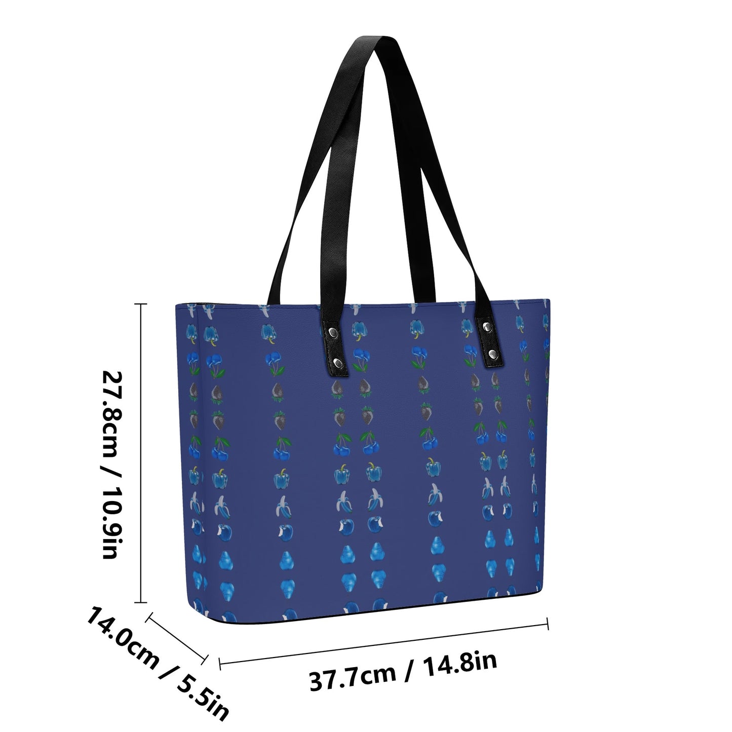 Fruit In Bowl Blue© Euro Soft PU Leather Tote Bag with Front Zipper Pocket In Nice Navy Bouquet