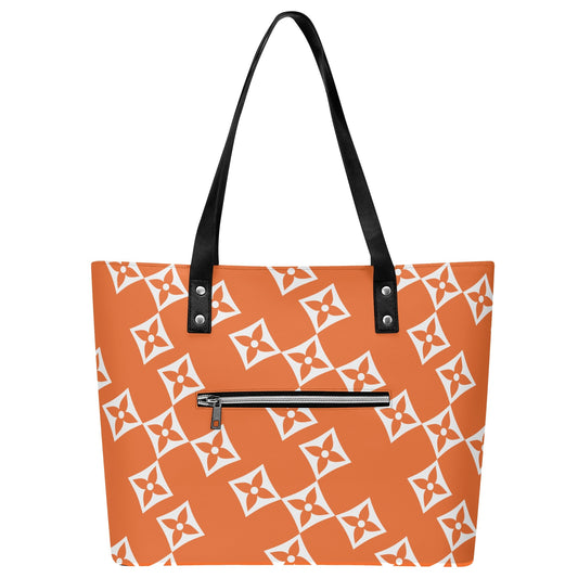 Luxturnal LA© Euro Soft Lux PU Leather Tote Bag In Napa Navy With Front Zipper Pocket In Orange Fashion Pop