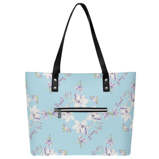 Princess Goddess© Euro Soft Lux PU Leather Tote Bag with Front Zipper Pocket In Airibellas Blue Garden Dream