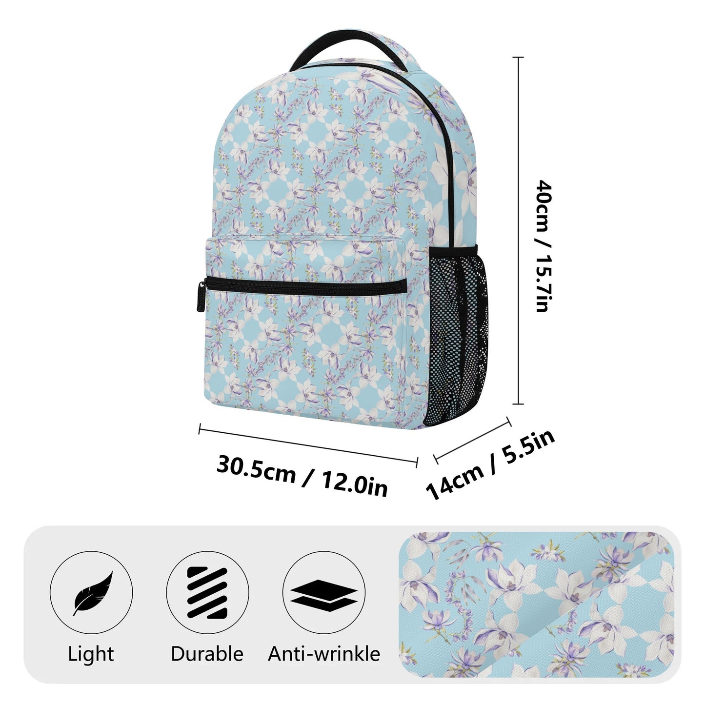 Princess Goddess© Super Duty Sports Flex Durable And Reliable All Year 15 Inch Casual Posh Style School Backpack In Airibellas Blue Garden Dream