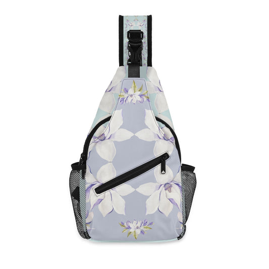 Princess Goddess© Deluxe Premium Unisex World Traveler Comfort Chest Crossbody Bag with Adjustable Strap In Delightful Garden Blue Lavender Amethyst Dual Tone