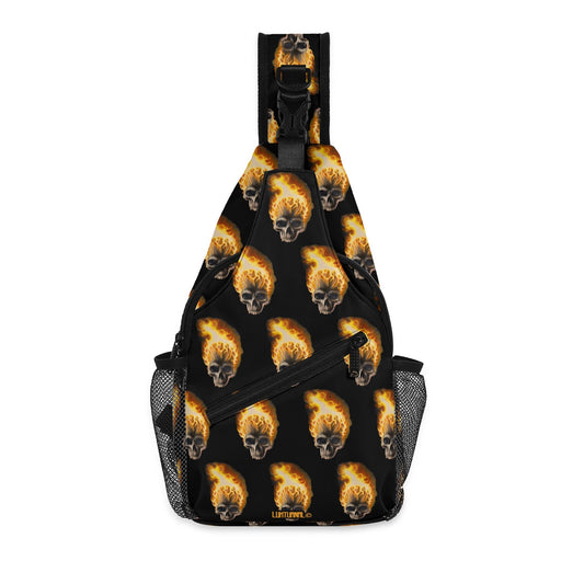 Skull Candy© Deluxe Premium Unisex World Traveler Comfort Chest Crossbody Bag with Adjustable Strap In Burning Skull